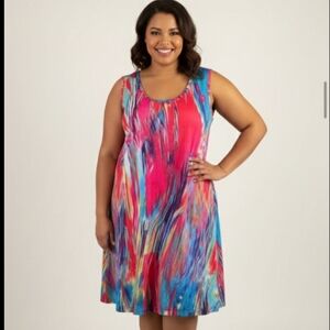 Abstract Multi-Color Vibrant Sleeveless Midi Dress, Size 3X (2X)